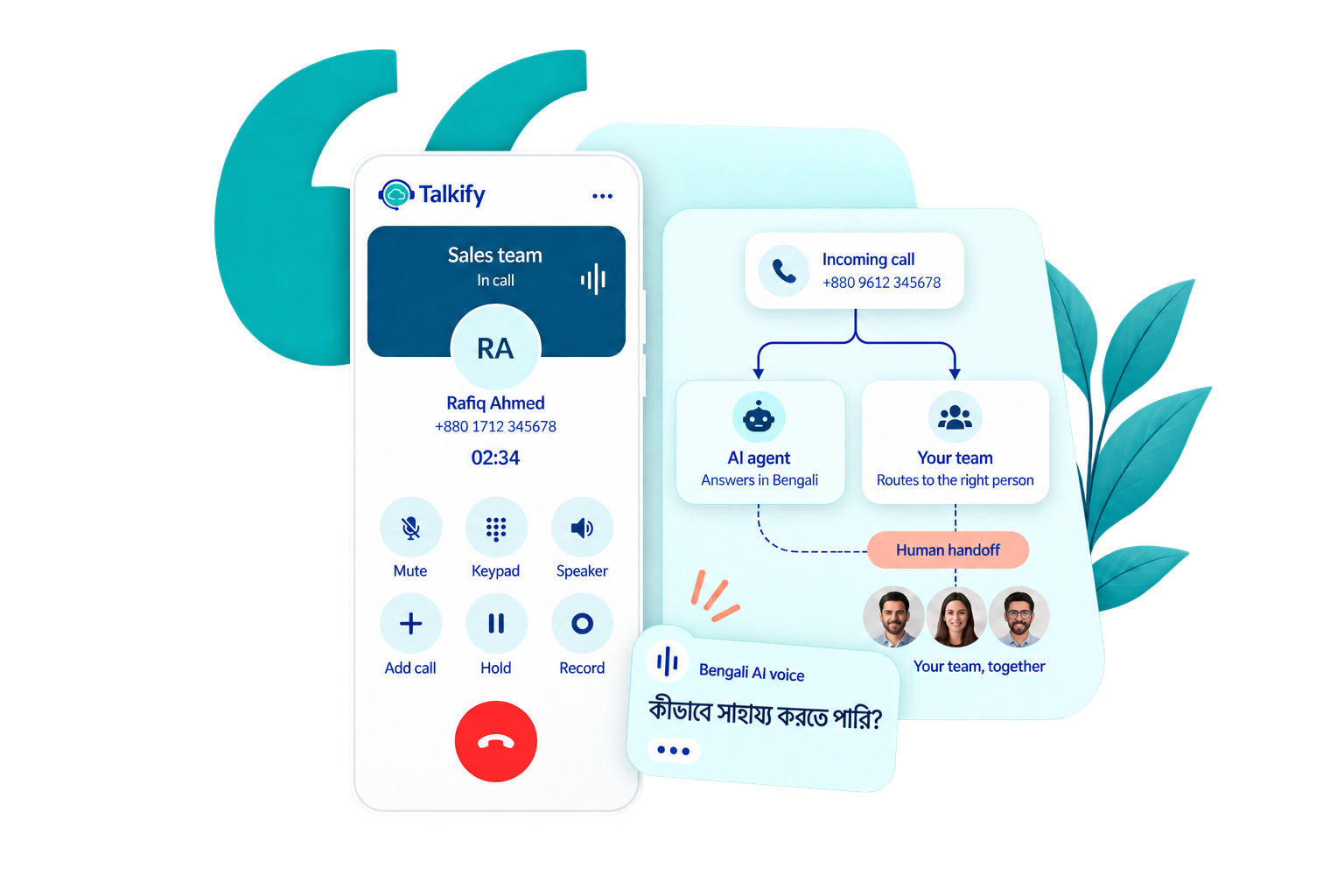 Talkify business calling: an incoming call can be answered by Bengali AI or routed to a team, with human handoff.