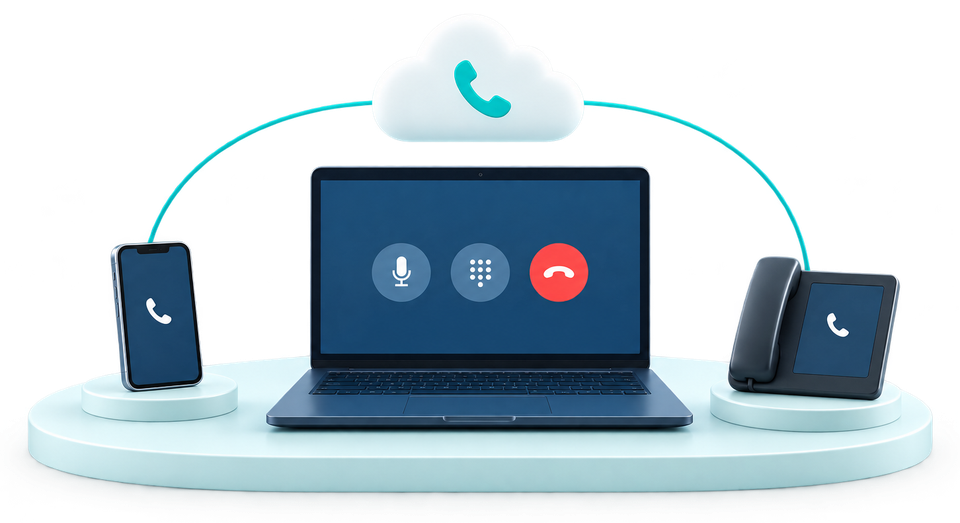 A laptop, a smartphone and a SIP desk phone connected through the cloud.