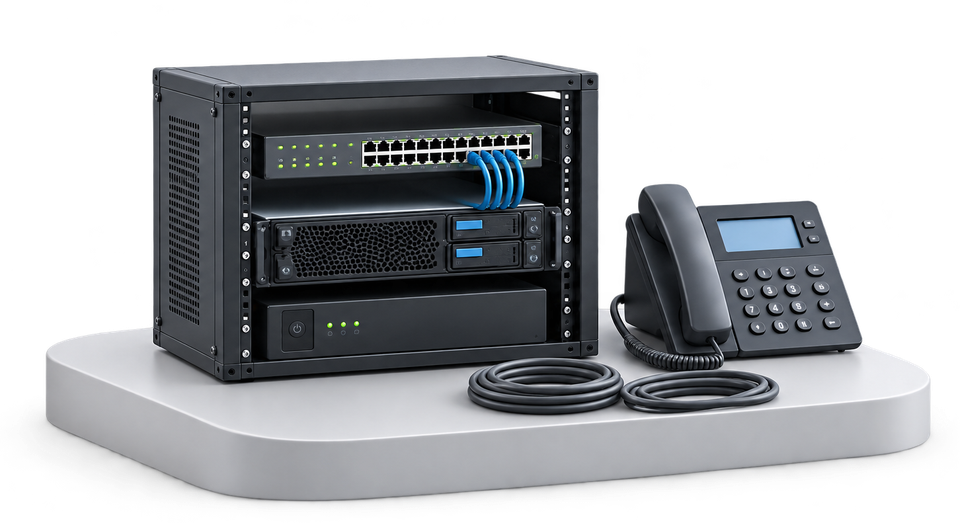 An office rack holding a network switch, a PBX server and a UPS, beside a wired desk phone.