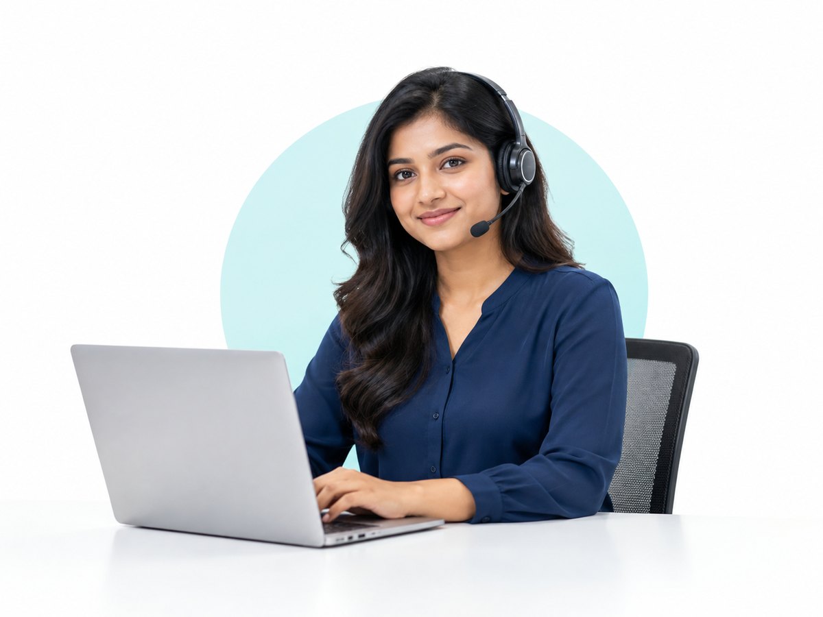 Illustration of a support specialist wearing a headset at a laptop