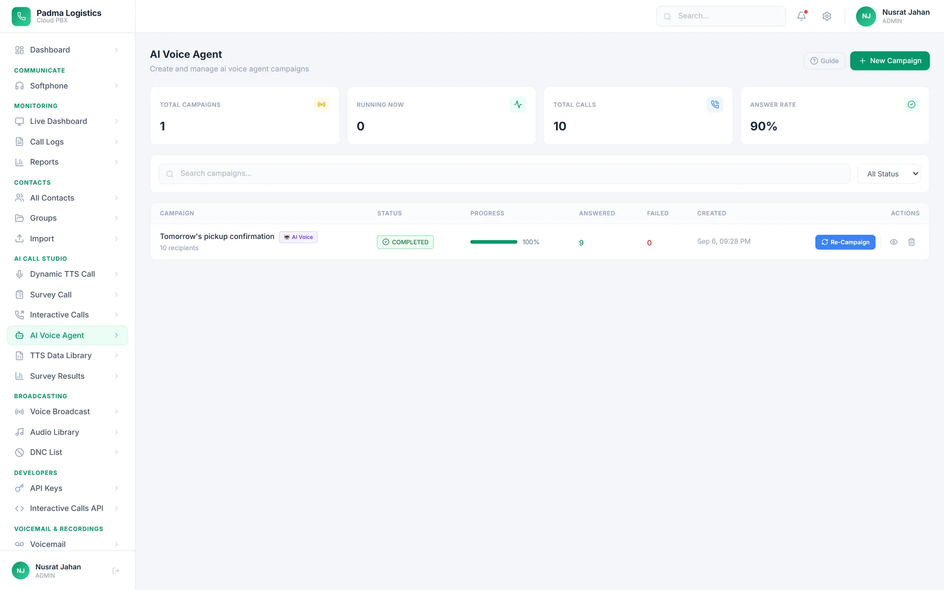 AI voice campaign — the agent called each merchant to confirm the next day's pickup, with a per-call answer rate.