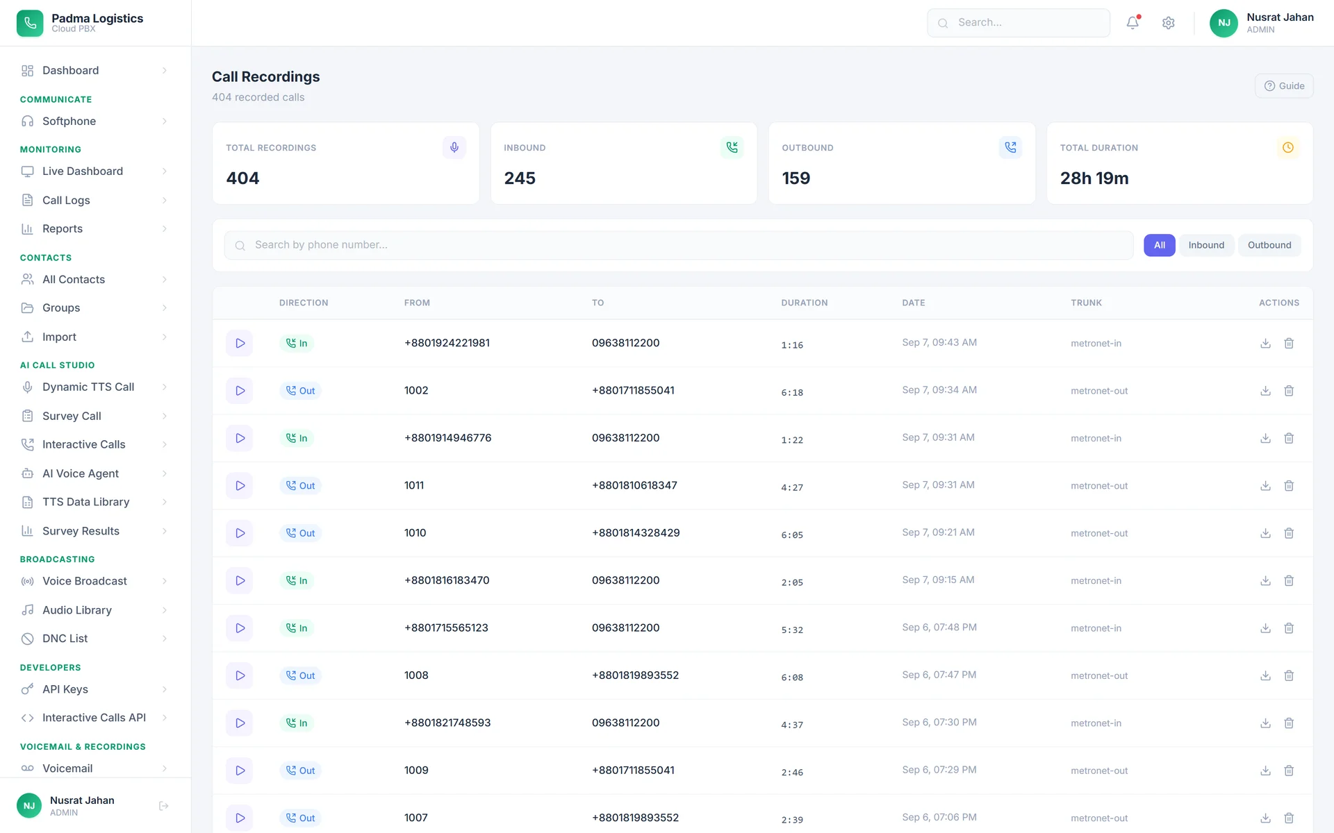 Call recordings — a searchable list with an inline player on every row, and totals for inbound, outbound and recorded time.