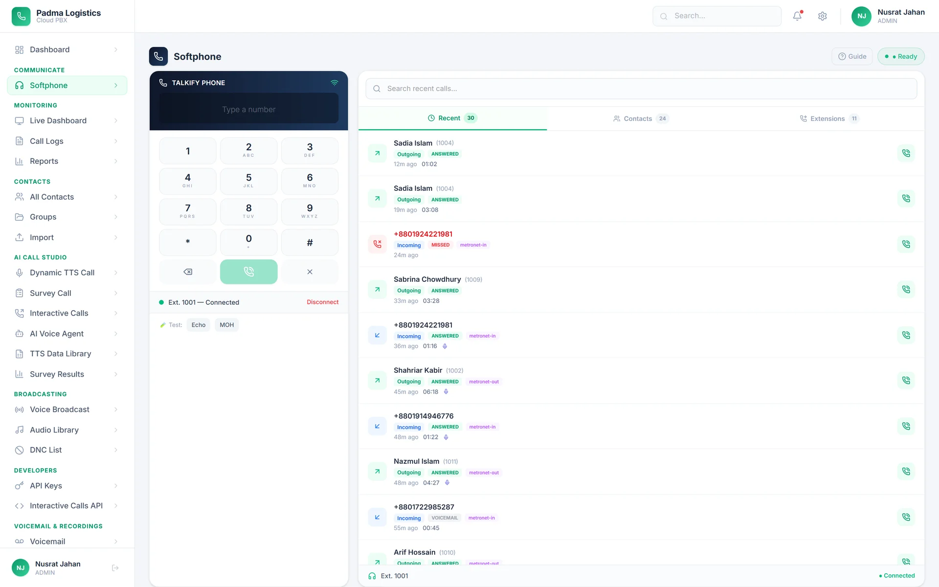 The browser softphone: a dialpad on the left with the extension registered, and a list of recent calls with names and durations on the right.